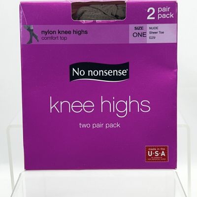 No Nonsense Comfort Top Nylon Knee Highs, Nude 29, Size One, Sheer Toe, 2 Ct